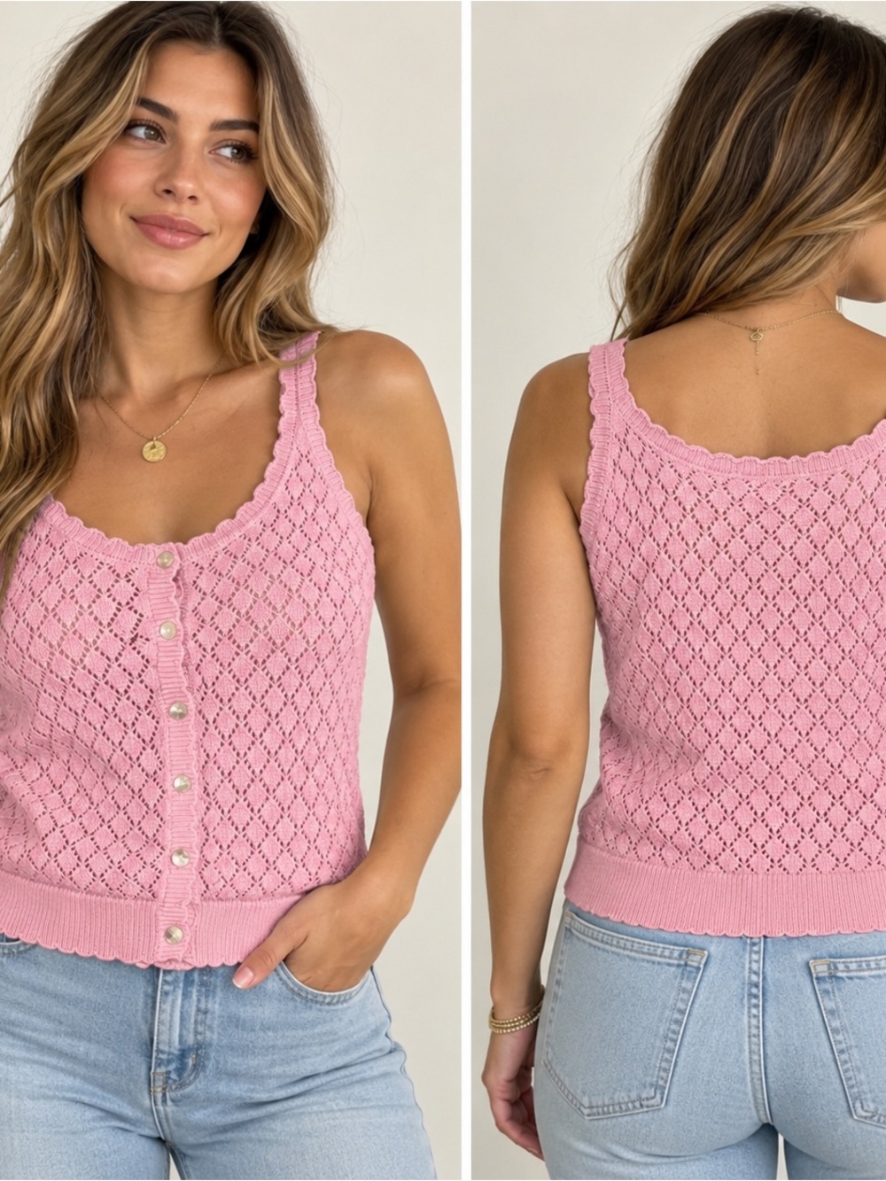 Pink Pointelle Knit Button Front Sweater Tank Top XL Cottagecore Coquette